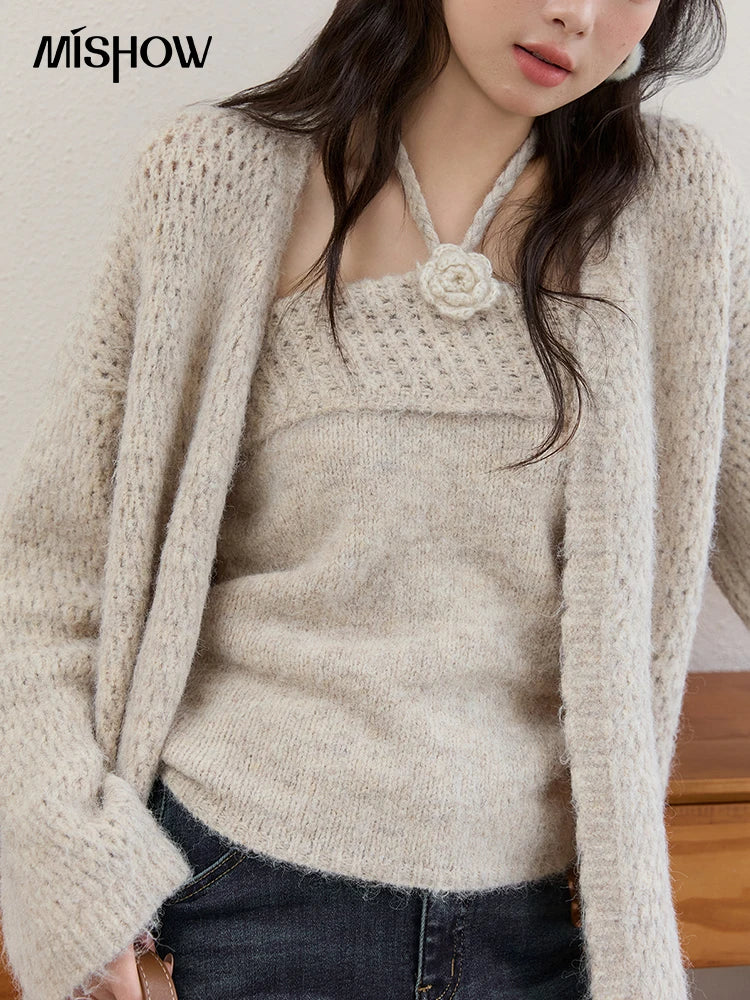 Mishow Apricot Knitted Halter & Cardigan Two-Piece Set MXE51T1424