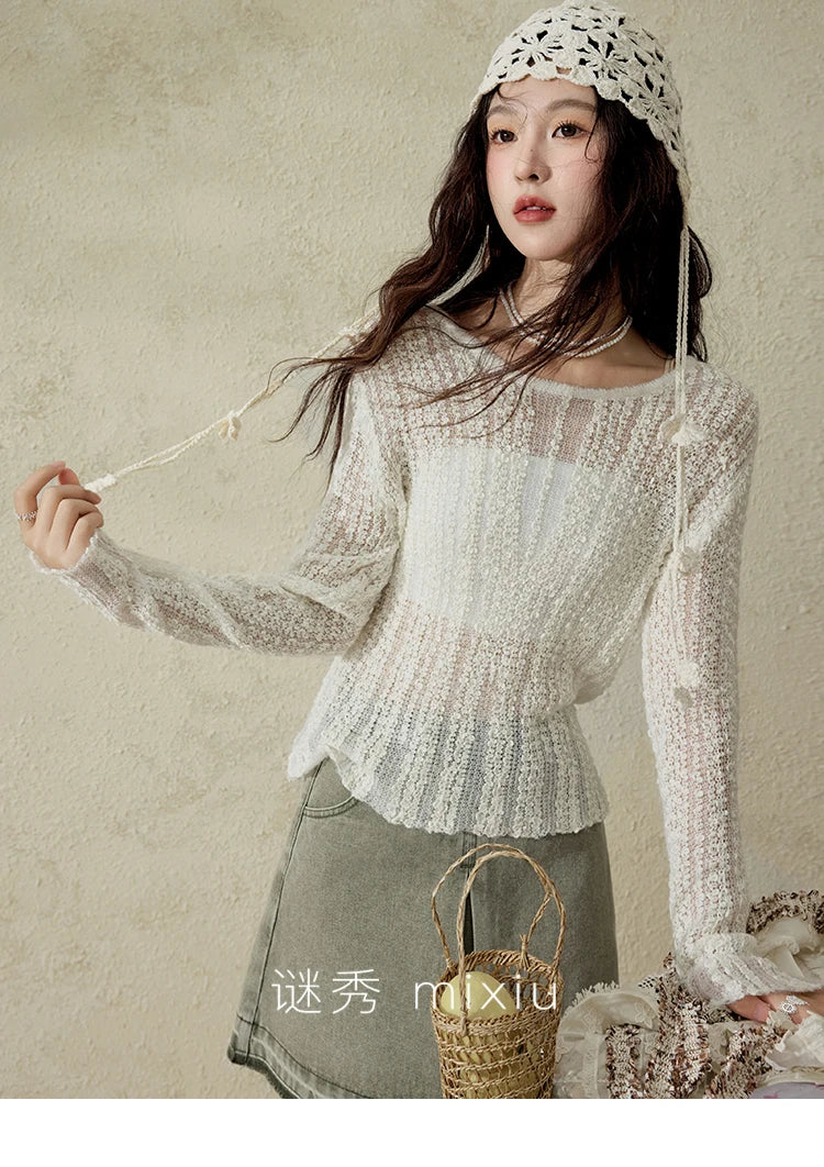 Mishow Apricot White Hollow Mohair Drop Sleeve Top MXE12Z1120