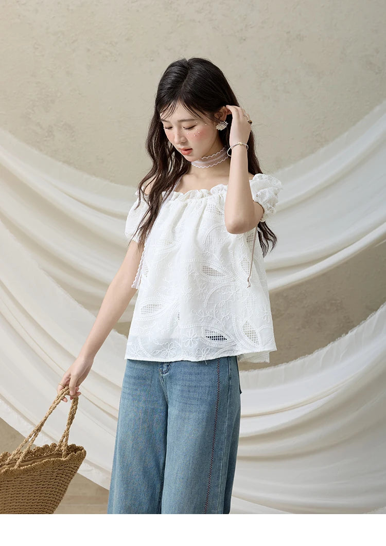 MISHOW Slash Neck Lace Blouse Short Sleeve Solid MXE35X1775