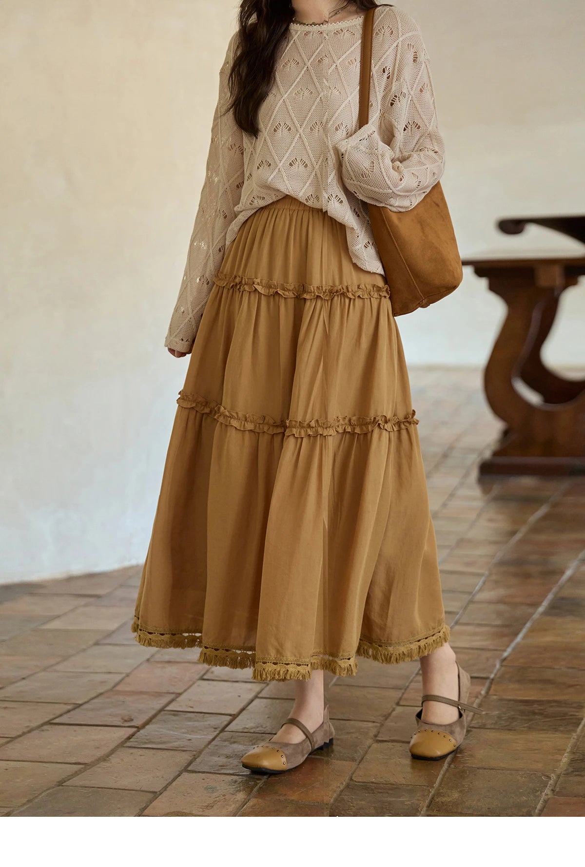 MISHOW Retro Orange Lyocell Skirt Black Fungus Edge Tassel MXE42B2386