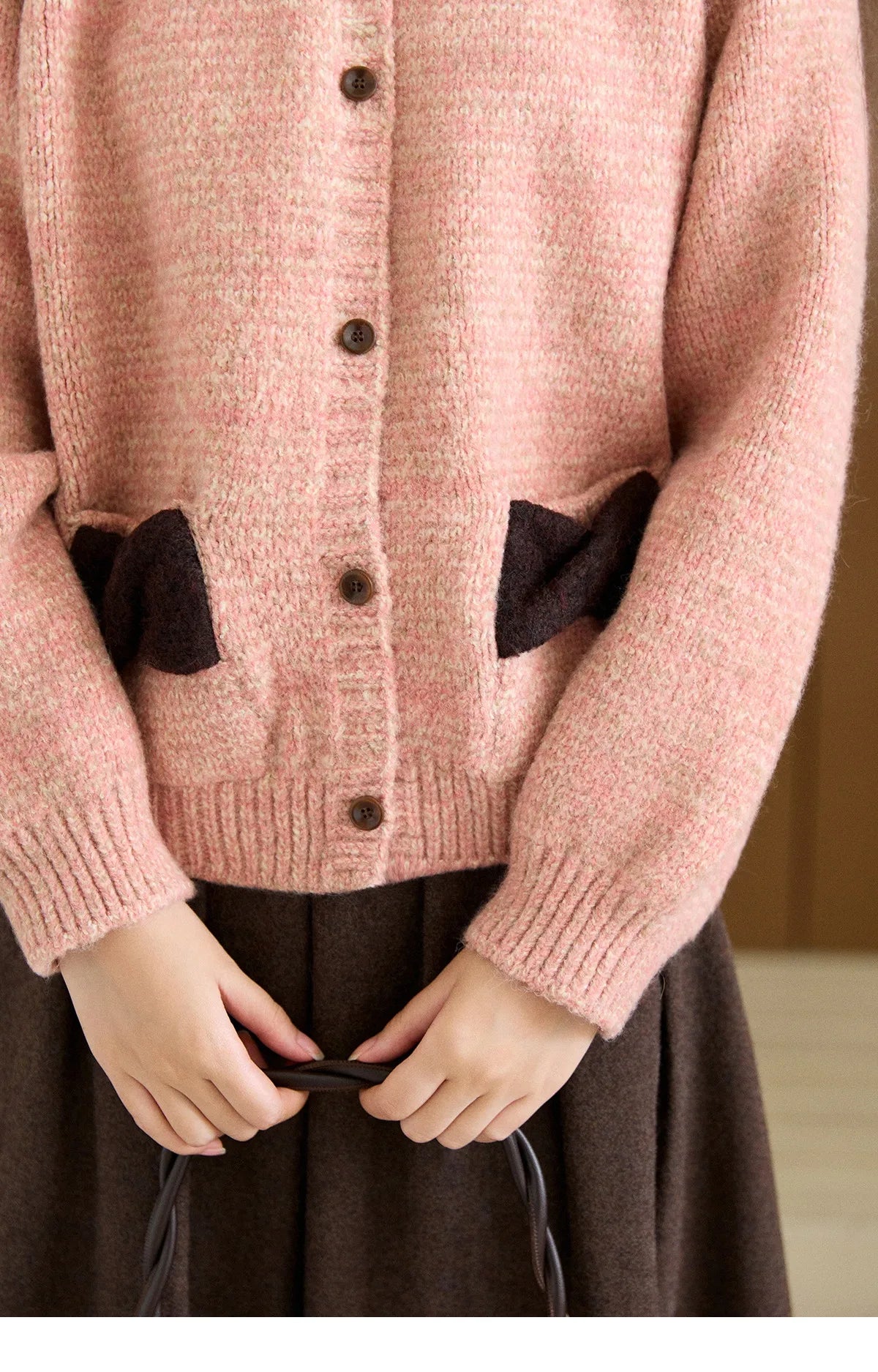 Mishow Pink Contrast Collar Bow Pocket Cardigan MXE94Z2957