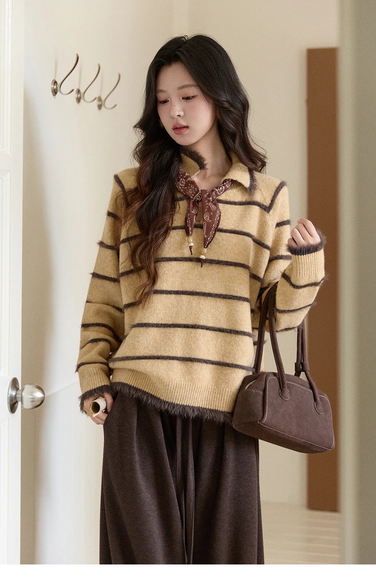Mishow Faux Mink Fur Striped Lapel Tassel Sweater MXE93Z2945