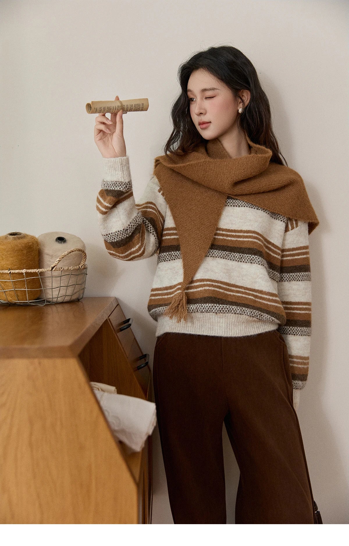Mishow Wool Blend Retro Striped Sweater with Scarf MXE94Z2987
