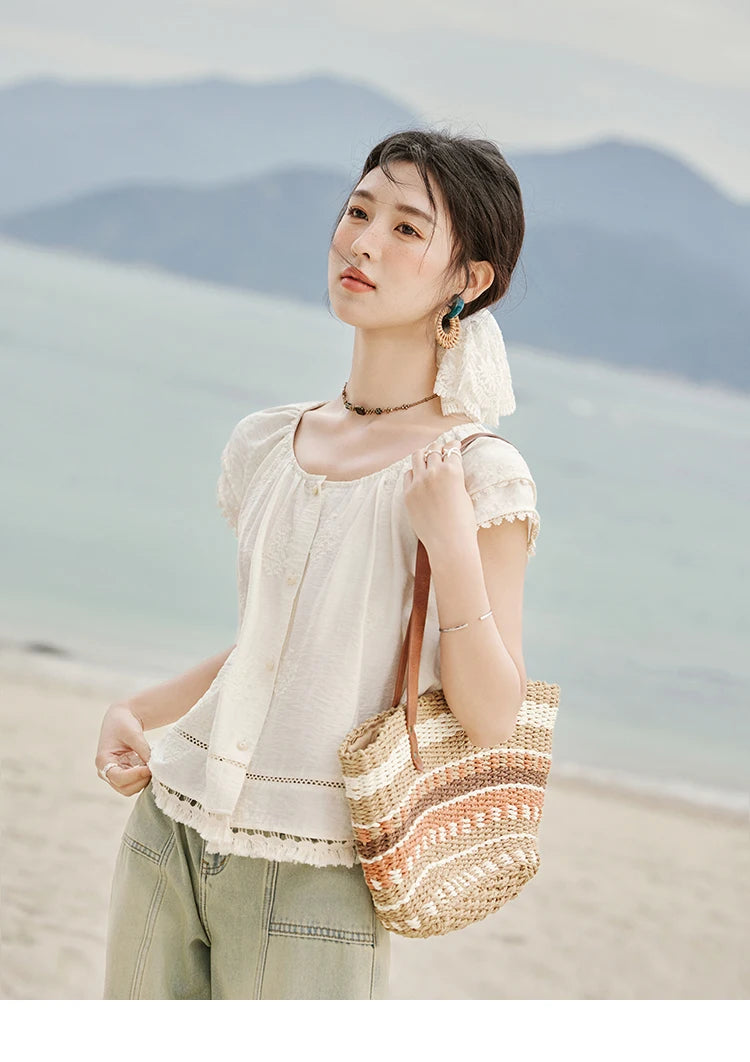 MISHOW Embroidered French Shirt Round Neck Short Sleeve MXE33X1744