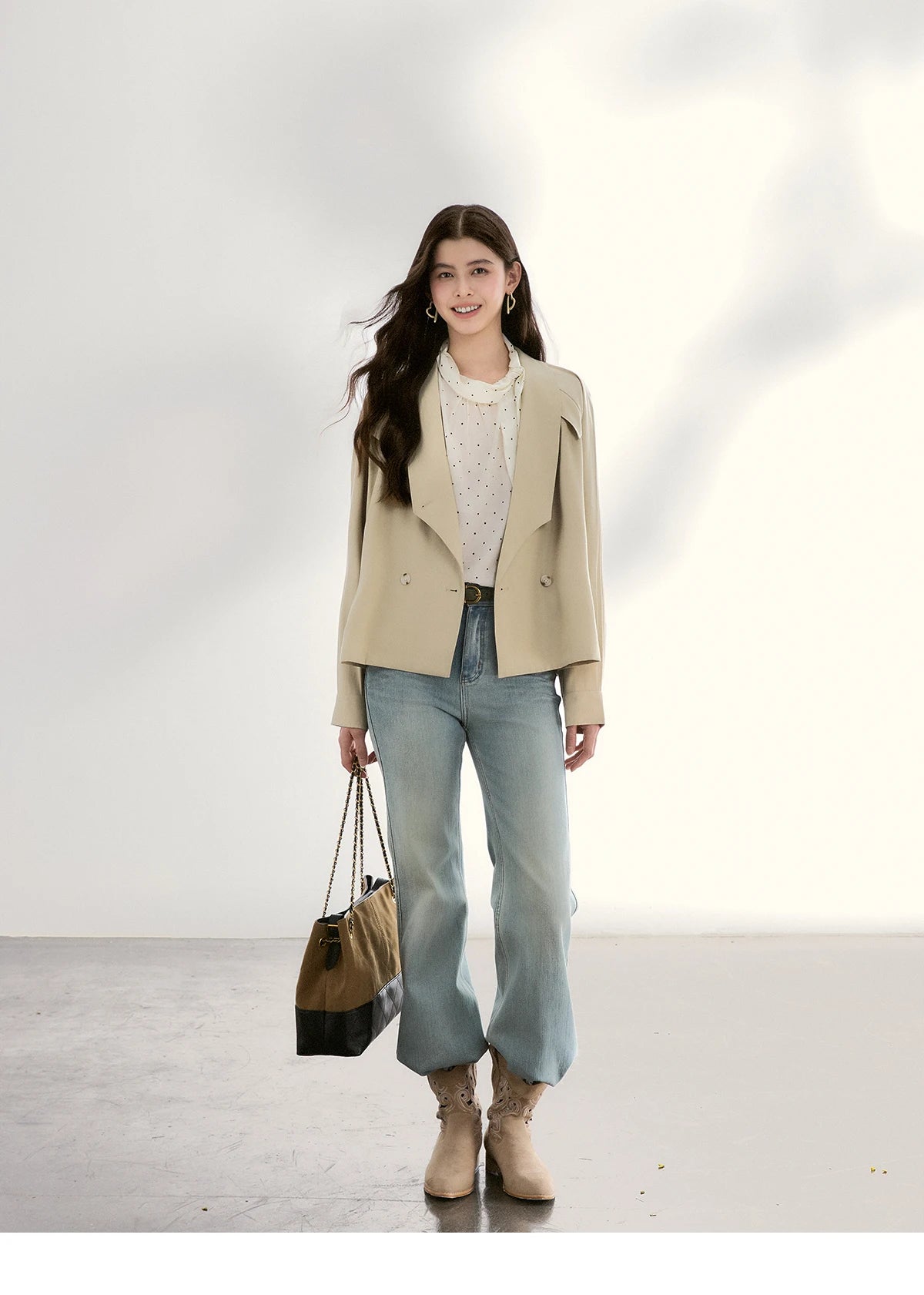 MISHOW Khaki Belted Waist Coat Lapel Double-Breasted Short MXF13W1056
