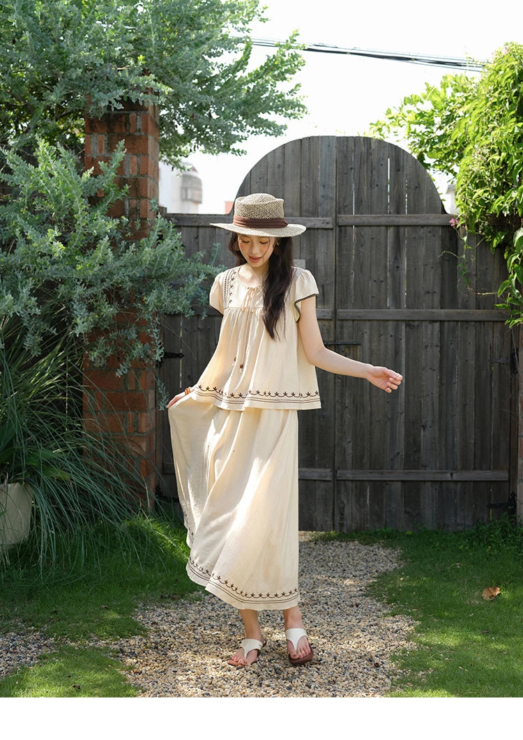 Mishow Embroidery Flying Sleeve Top & Elastic Waist Skirt Set MXE39T0667