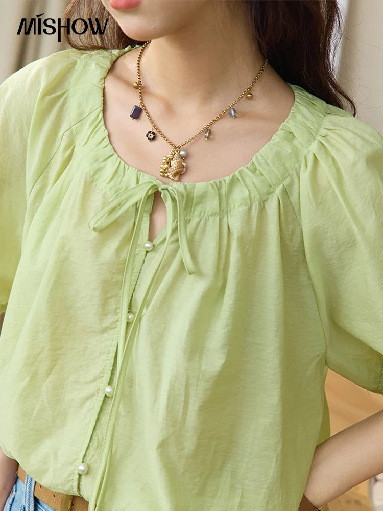 MISHOW Round Neck Blouse Lace Up Puff Sleeve MXE36X1875