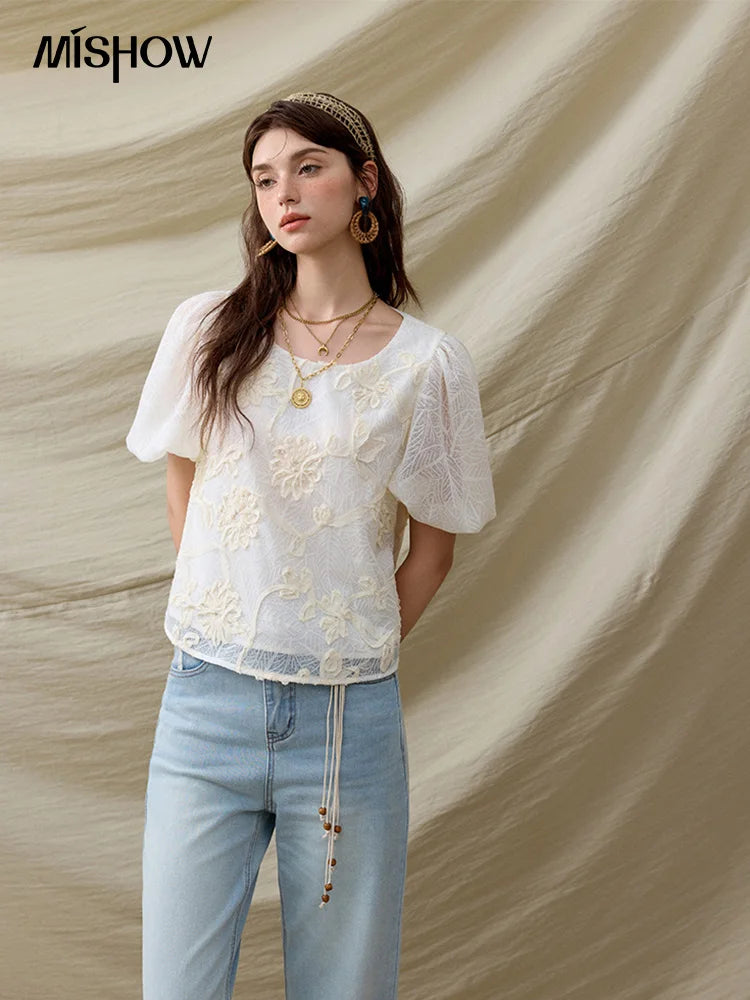 MISHOW Short Puff Sleeve Blouse Round Neck Jacquard MXE32X1772