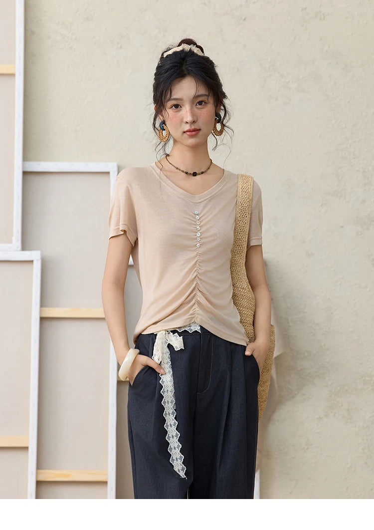 Mishow V-Neck Front Elastic Shell Button Tee MXE34T0560