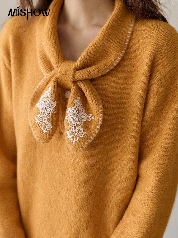 Mishow Yellow Bow Collar Lace Splicing Sweater MXE94Z2971