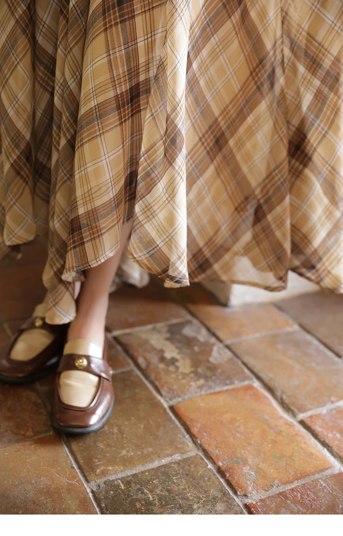 MISHOW Coffee Plaid Skirt Asymmetrical Hem Side Zipper A-Line MXE42B2377