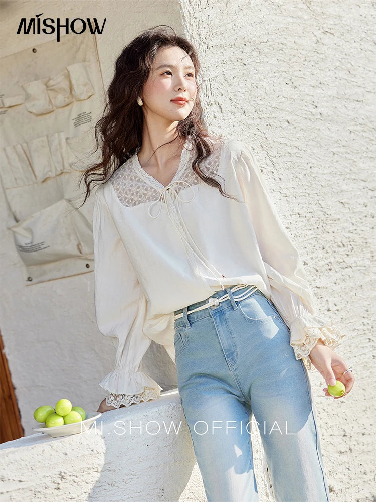 MISHOW Lace Patchwork Shirt V-Neck Fungus Edge Petal Sleeve MXE13X1713