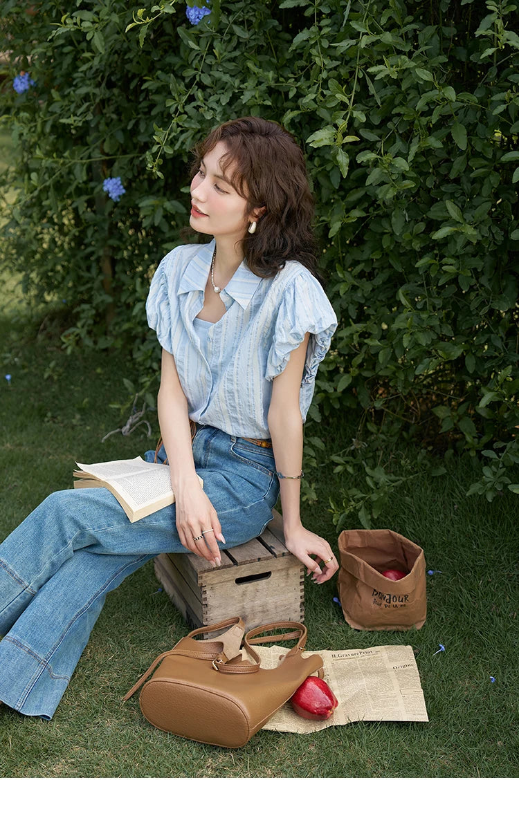 MISHOW Blue Striped Shirt Bubble Sleeves with Tube Top MXD24C0204