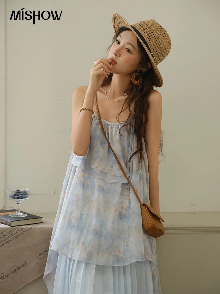 Mishow Print Strap Multi Layer Ruffle Dress MXE35L2233