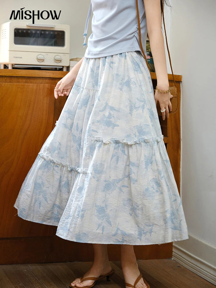 Mishow Lace-Up Print Top & Wide Leg Half Skirt Set MXE35T0596