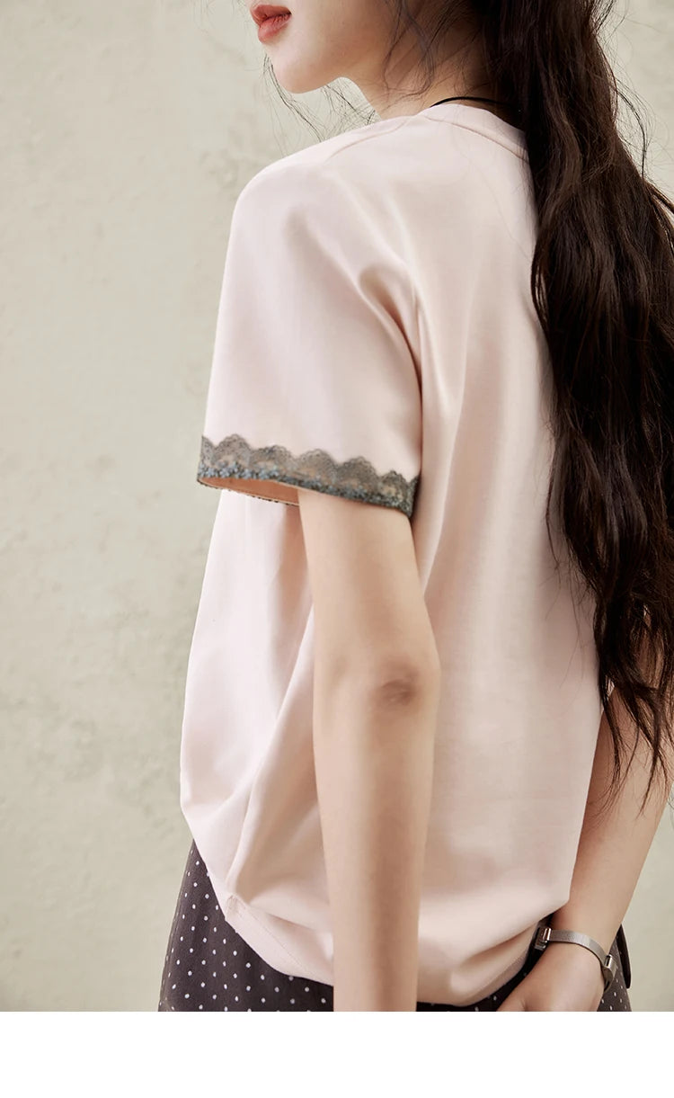 Mishow Pink Letter Print Lace Trim Tee MXE32T0529