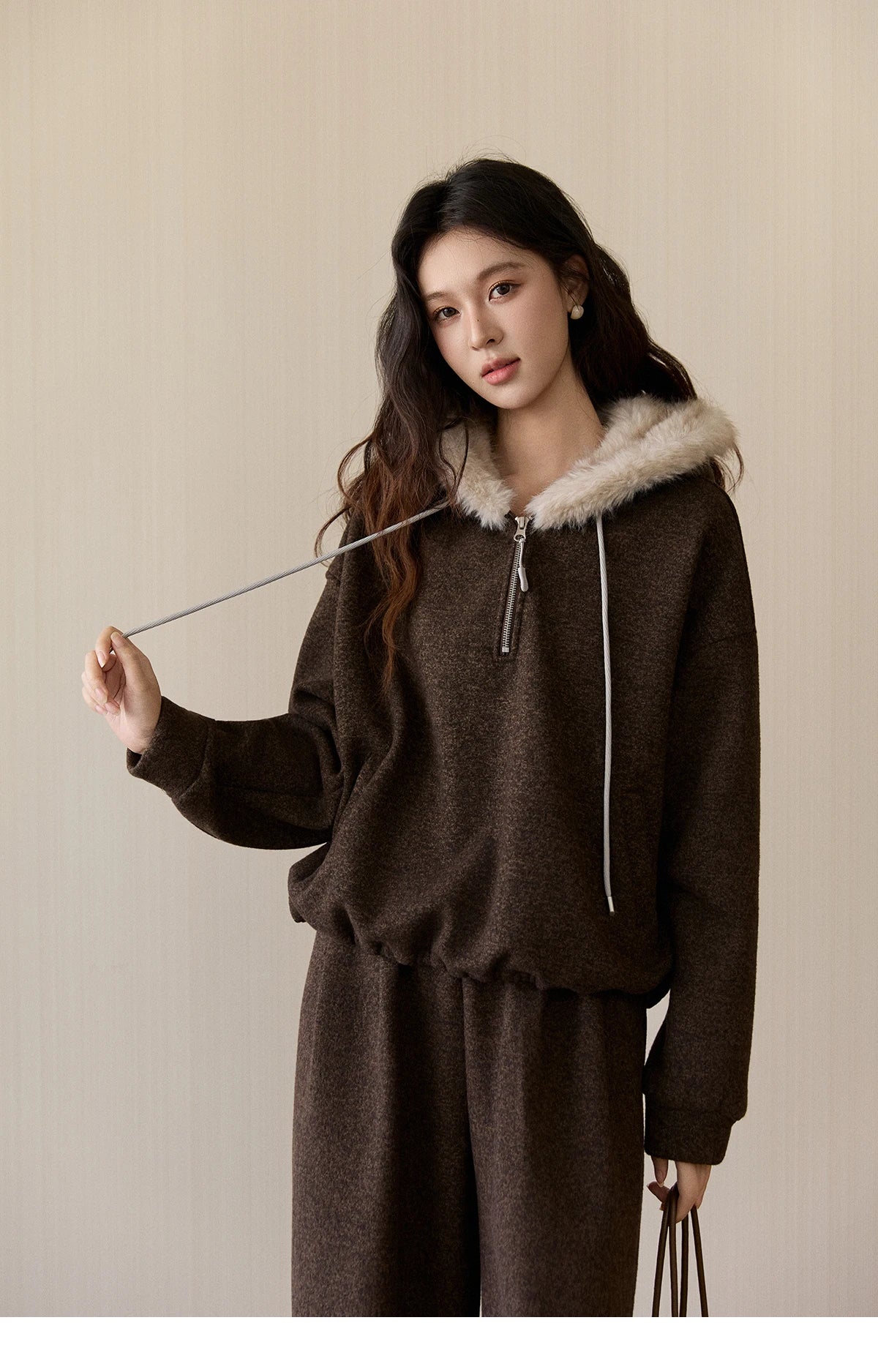 Mishow Brown Faux Fur Hood Sweatshirt & Wide Leg Pants Set MXE94T1476
