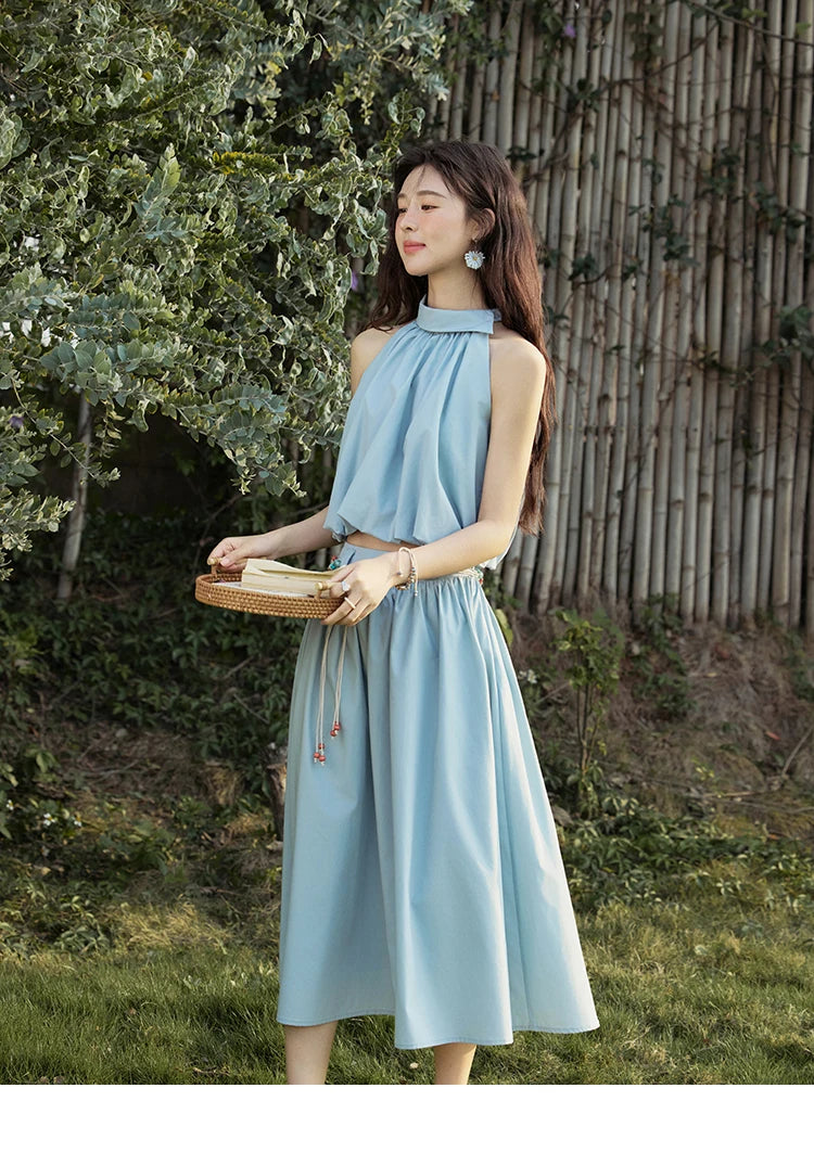 Mishow Solid Halter Neck Top & Midi Skirt Set with Belt MXE33T0546