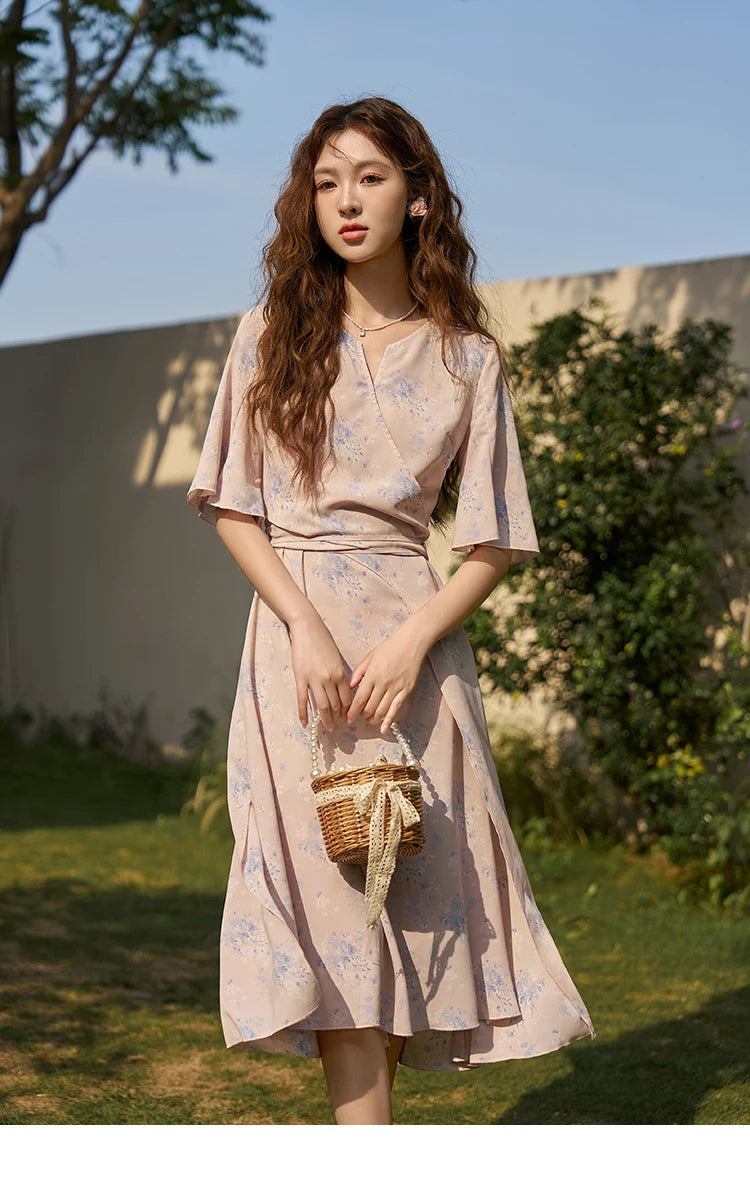 Mishow French Floral Puff Sleeve Lace-Up Dress MXC38L1413