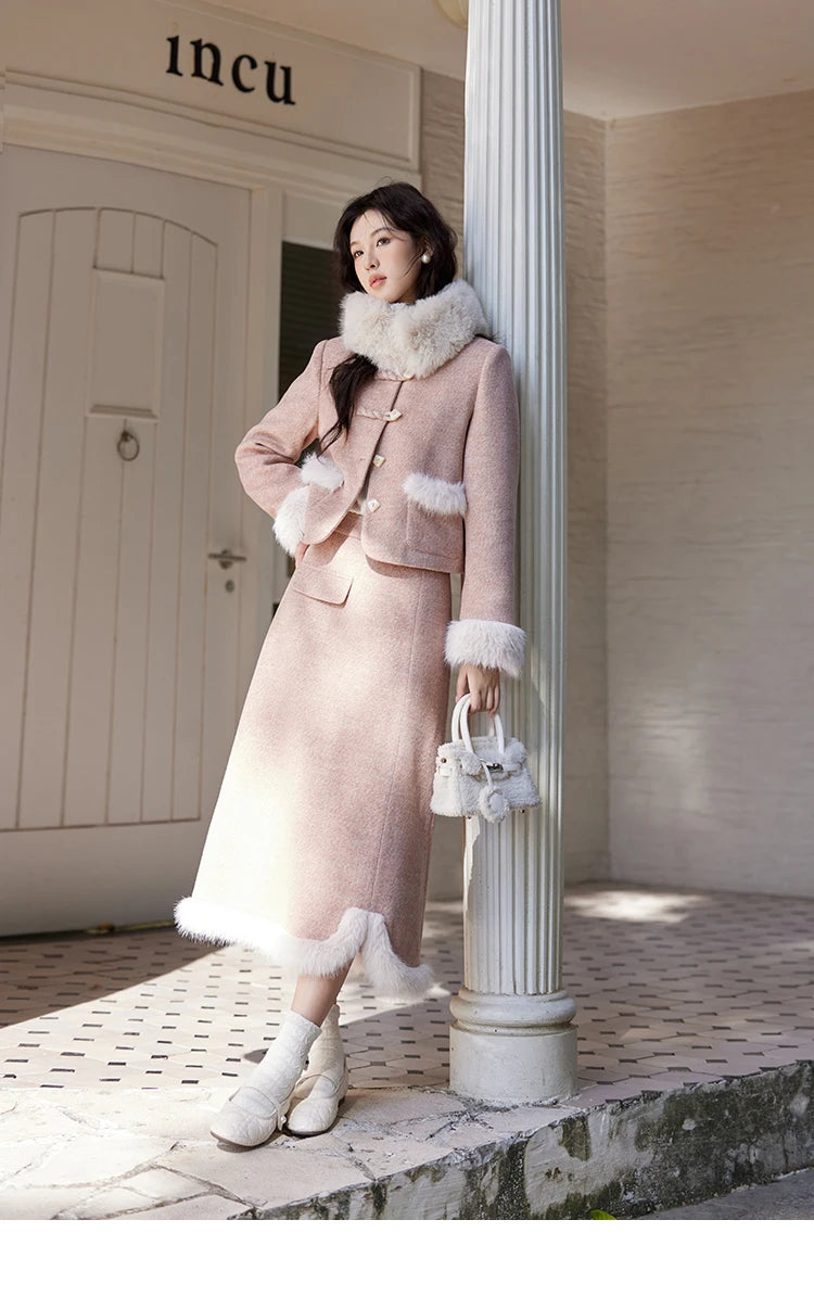 Mishow New Chinese Tweed Coat & Midi Skirt Set MXD54W0583