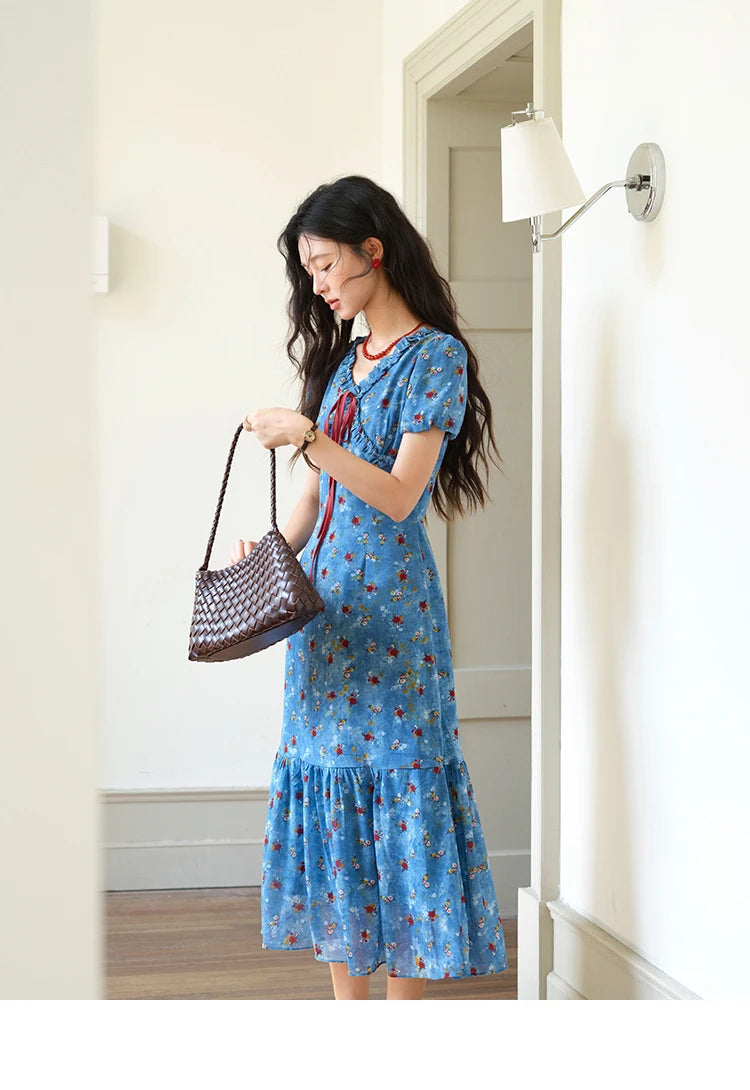 Mishow V-Neck Lace-Up Puff Sleeve Chiffon Dress MXE39L2401