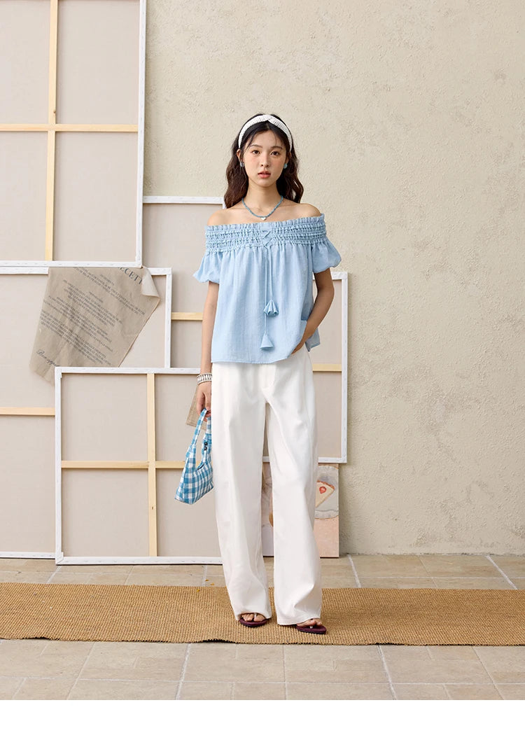 MISHOW Mist Blue One Shoulder Blouse Elastic Pleated Puff Sleeve MXE34X1796