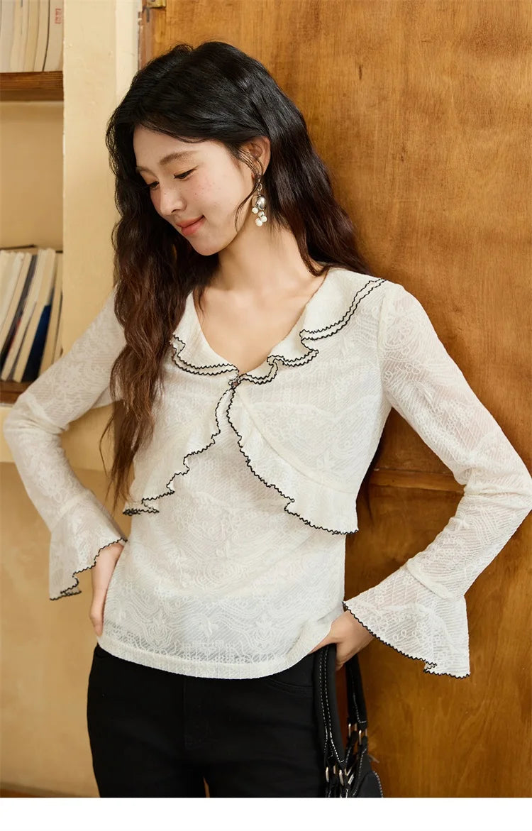 MISHOW Lace Blouse V-Neck Ruffle Edge Contrast Embroidery Flare Sleeve MXE45X2483