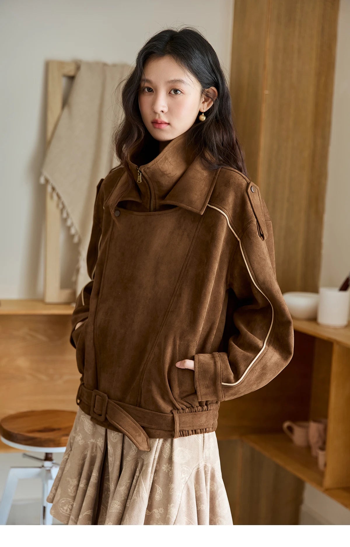 MISHOW Brown Suede Short Jacket Split Turn Down Collar MXE48W0850