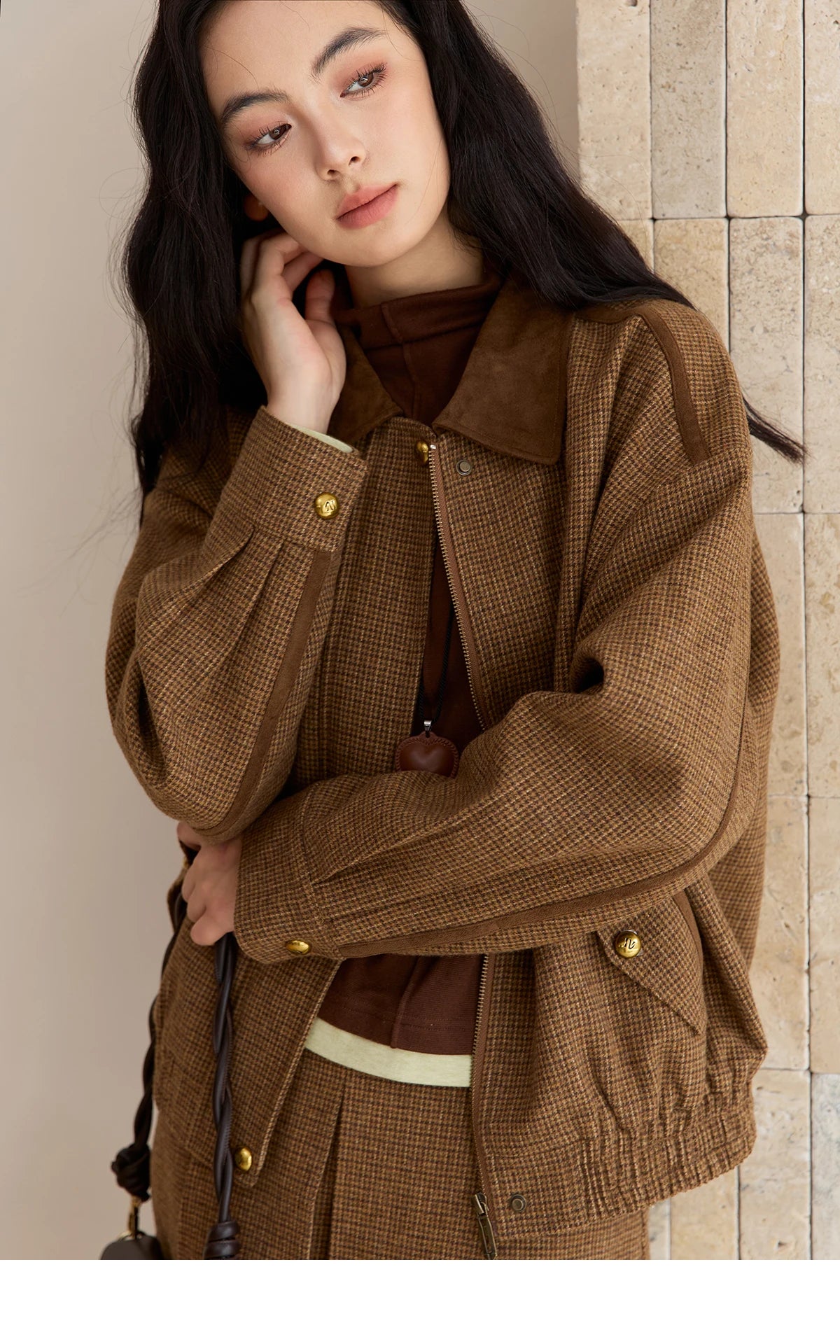 Mishow Plaid Zipper Jacket & Mini Pleated Skirt Set MXE49T1393