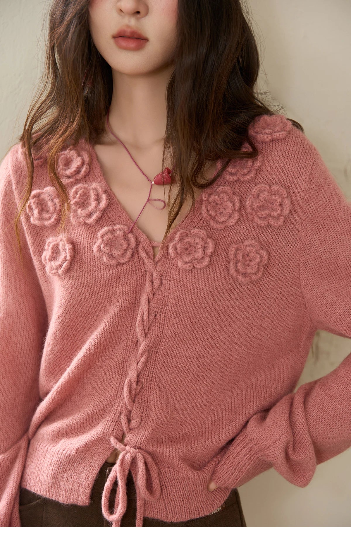 Mishow Pink 3D Rose V-Neck Loose Pullover MXE88Z2708