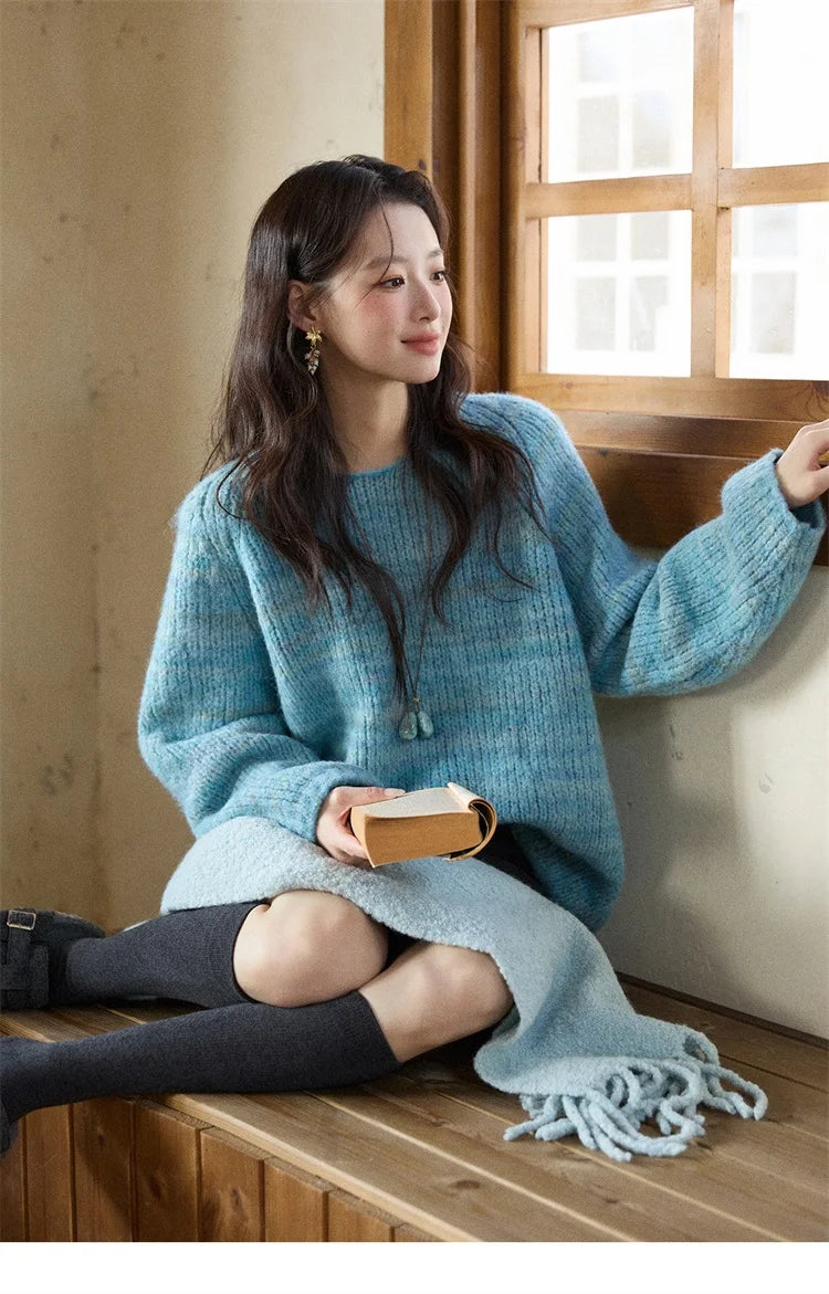 Mishow Blue Loose Crew Neck Long Sleeve Pullover MXE86Z2733