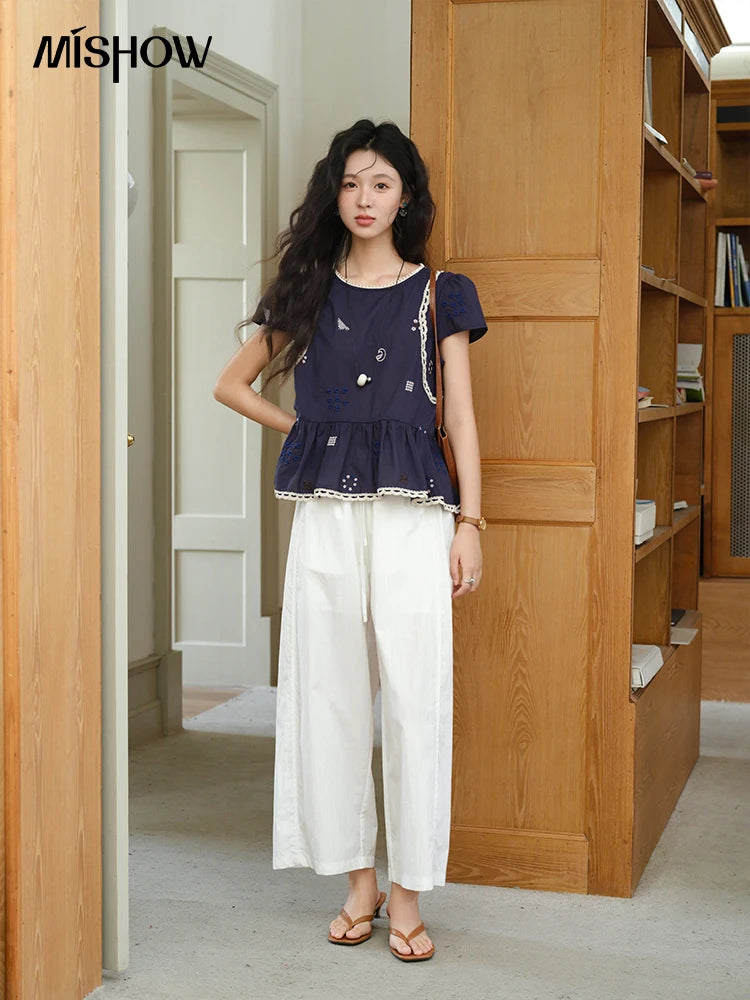 MISHOW O-Neck Spliced Lace Blouse Embroidery Flower MXE39X1965