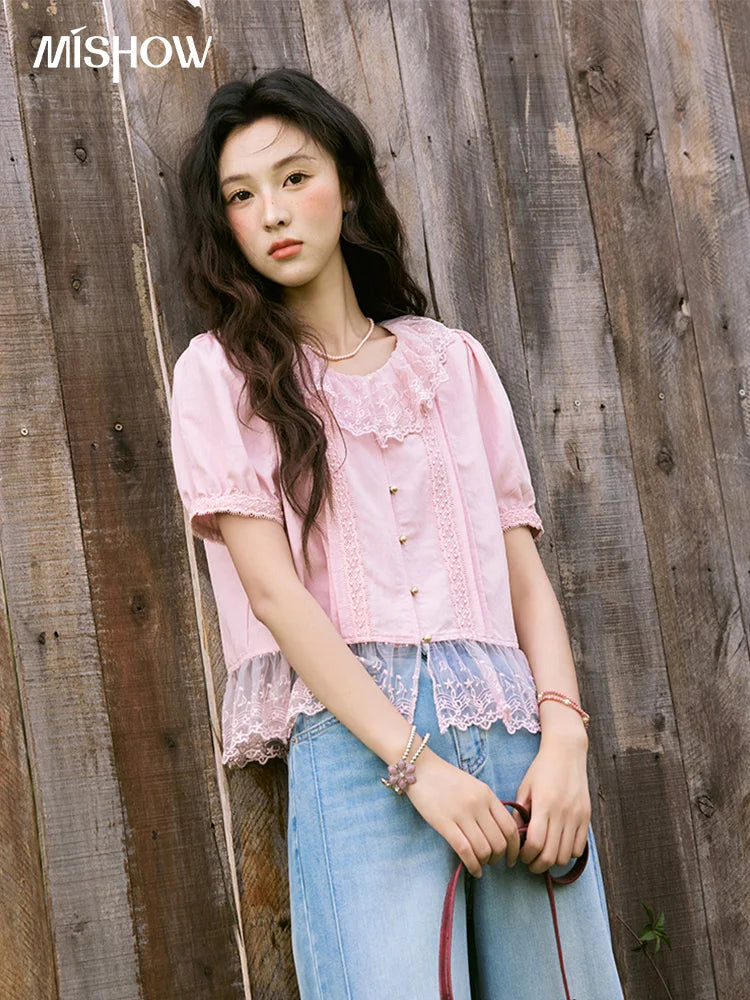 MISHOW Pink Spliced Lace Round Neck Blouse Metal Buttons MXE32X1768
