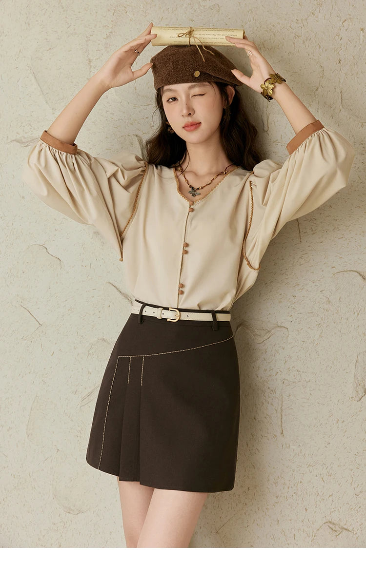 MISHOW French Retro V-Neck Shirt Lantern Sleeve Double Button MXD26X1597