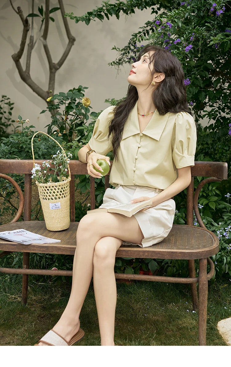 MISHOW Bubble Sleeve V-Neck Shirt Lapel Collar Loose MXD28X1471