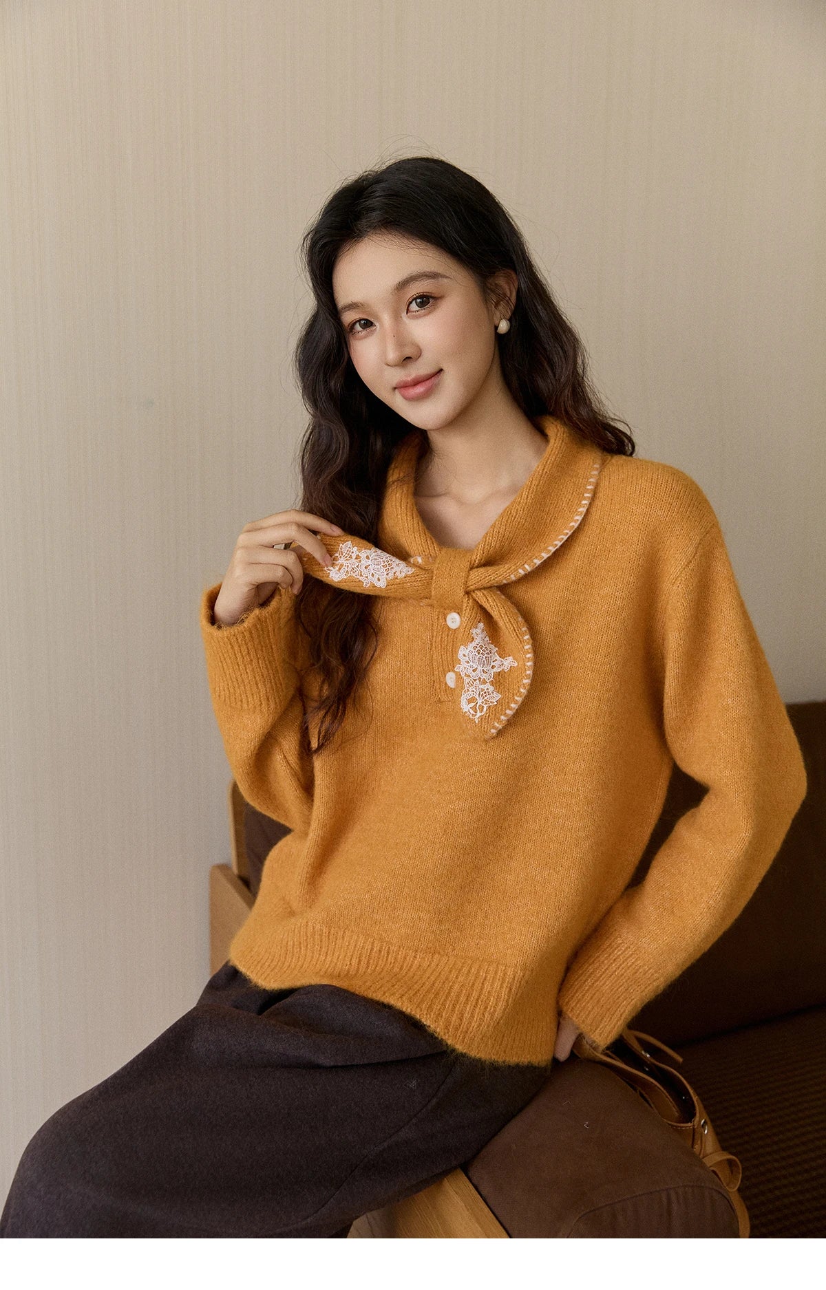 Mishow Yellow Bow Collar Lace Splicing Sweater MXE94Z2971