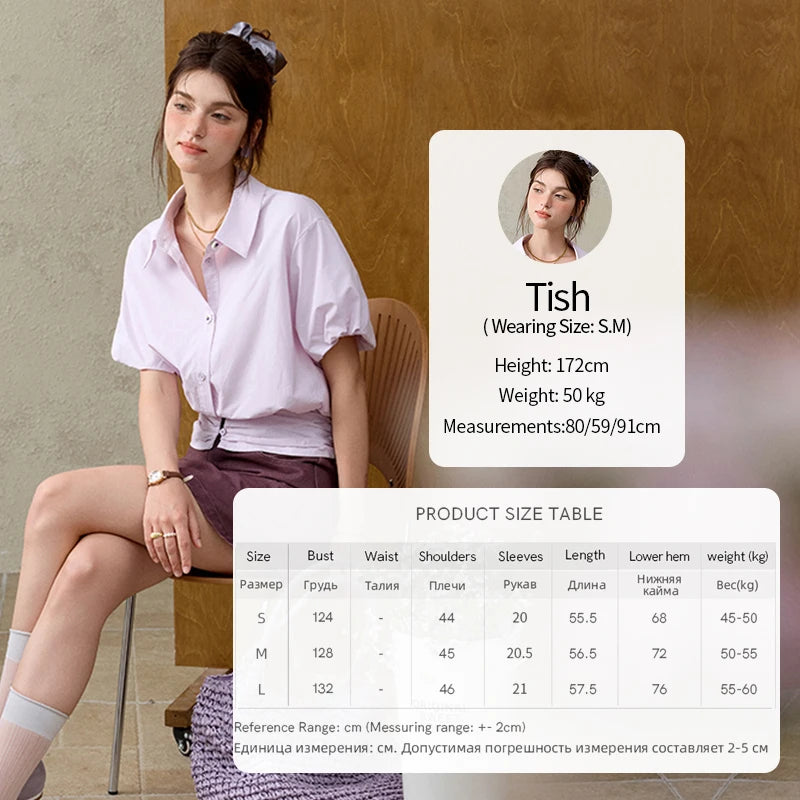 MISHOW Purple Cotton Blouse Turn-Down Collar Short Sleeve MXE32X1794