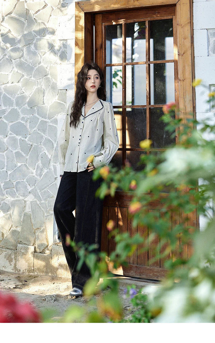MISHOW Striped Bubble Sleeve Shirt Love Embroidered MXE12C0390
