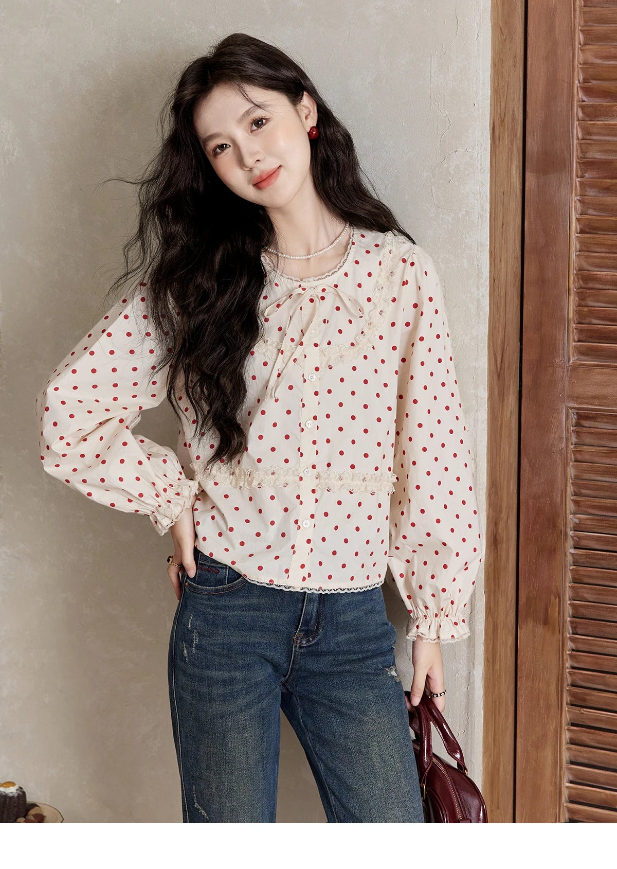 MISHOW Lace Up Polka Dot Round Neck Lace Shirt Elastic Petal Cuffs MXD44X1667