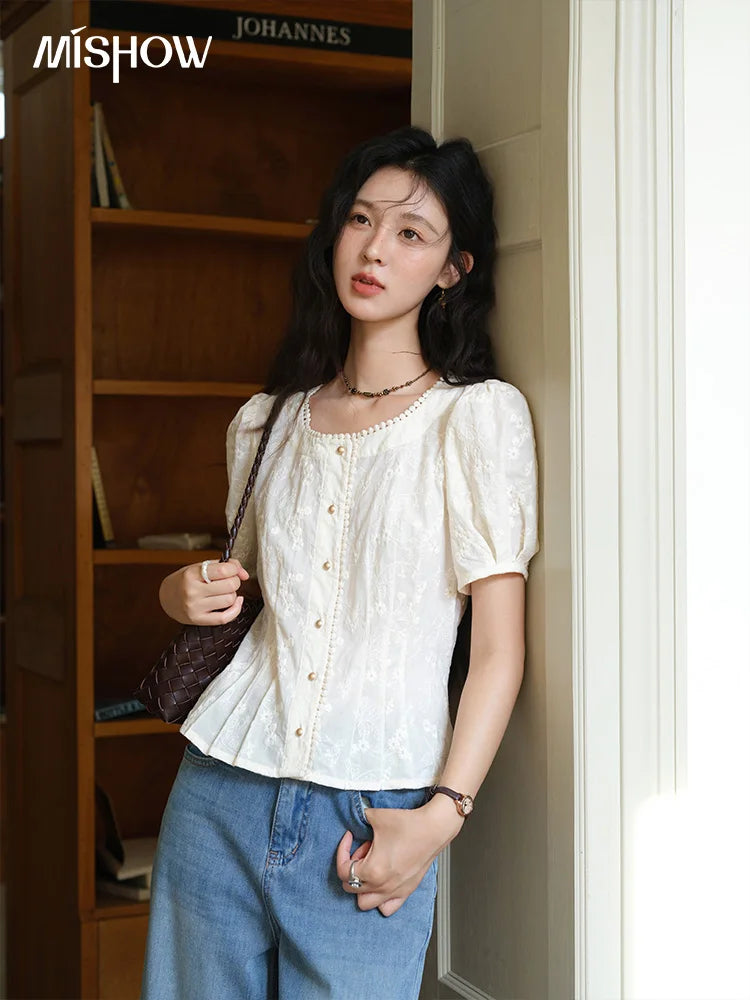 MISHOW Embroidery Cotton Shirt Puff Sleeve Button MXE39X1979