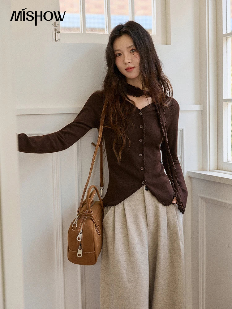 Mishow Ruffled Edge V-Neck Ribbon Knit Pullover MXE86Z2728