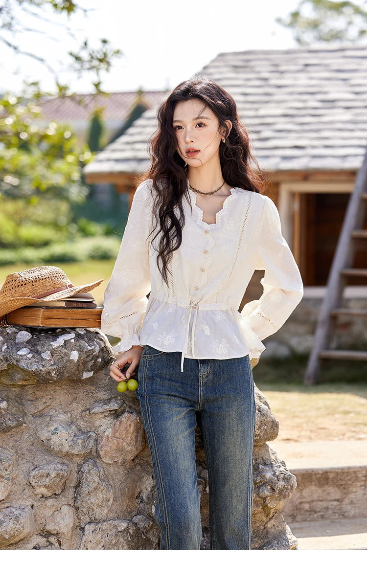 MISHOW Embroidered Lace Blouse V-Neck Drawstring MXE11X1708