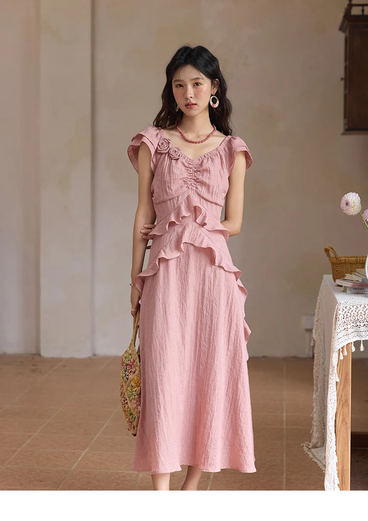 Mishow Flower Flying Sleeve V-Neck Pink Dress MXE34L2243