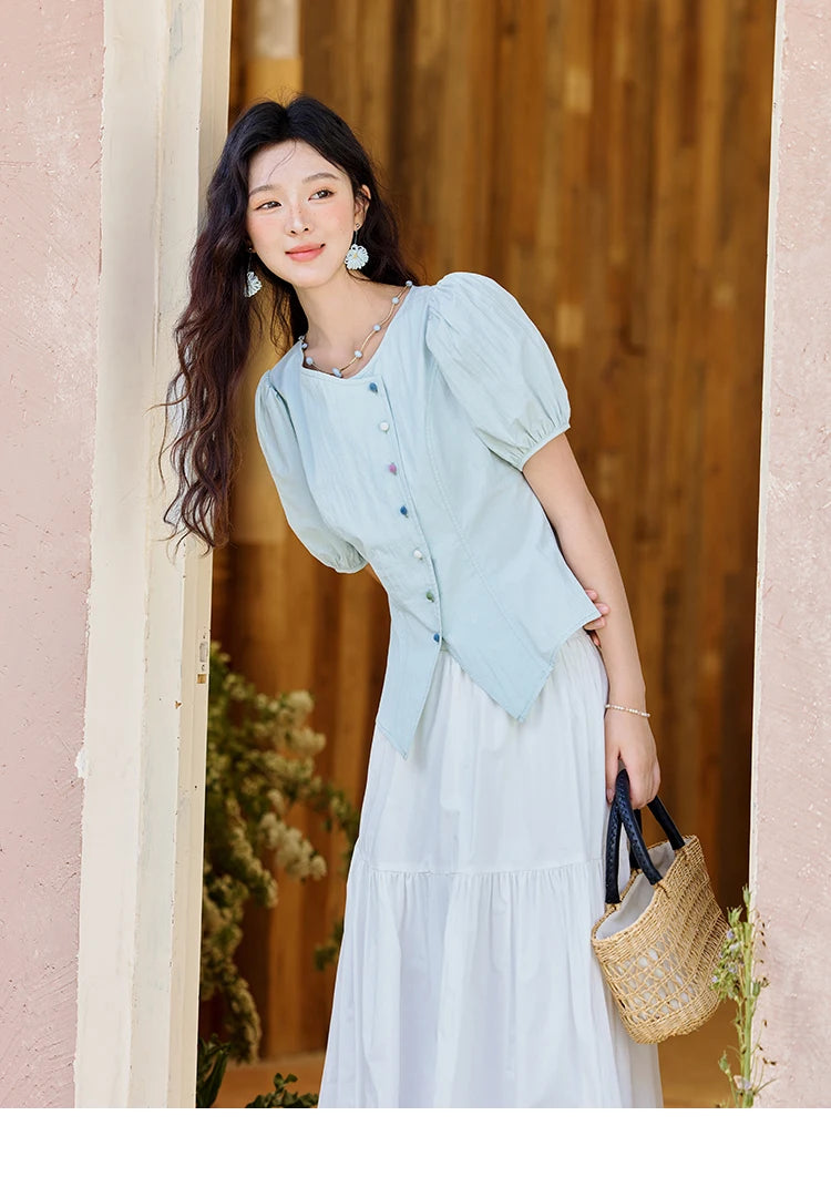 MISHOW Bubble Sleeve Blouse Irregular Placket Rainbow Buttons MXE34X1782