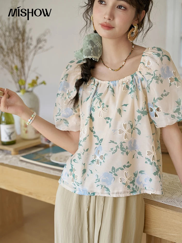 MISHOW Floral Hollow Blouse Square Collar Puff Sleeve MXD29X1602