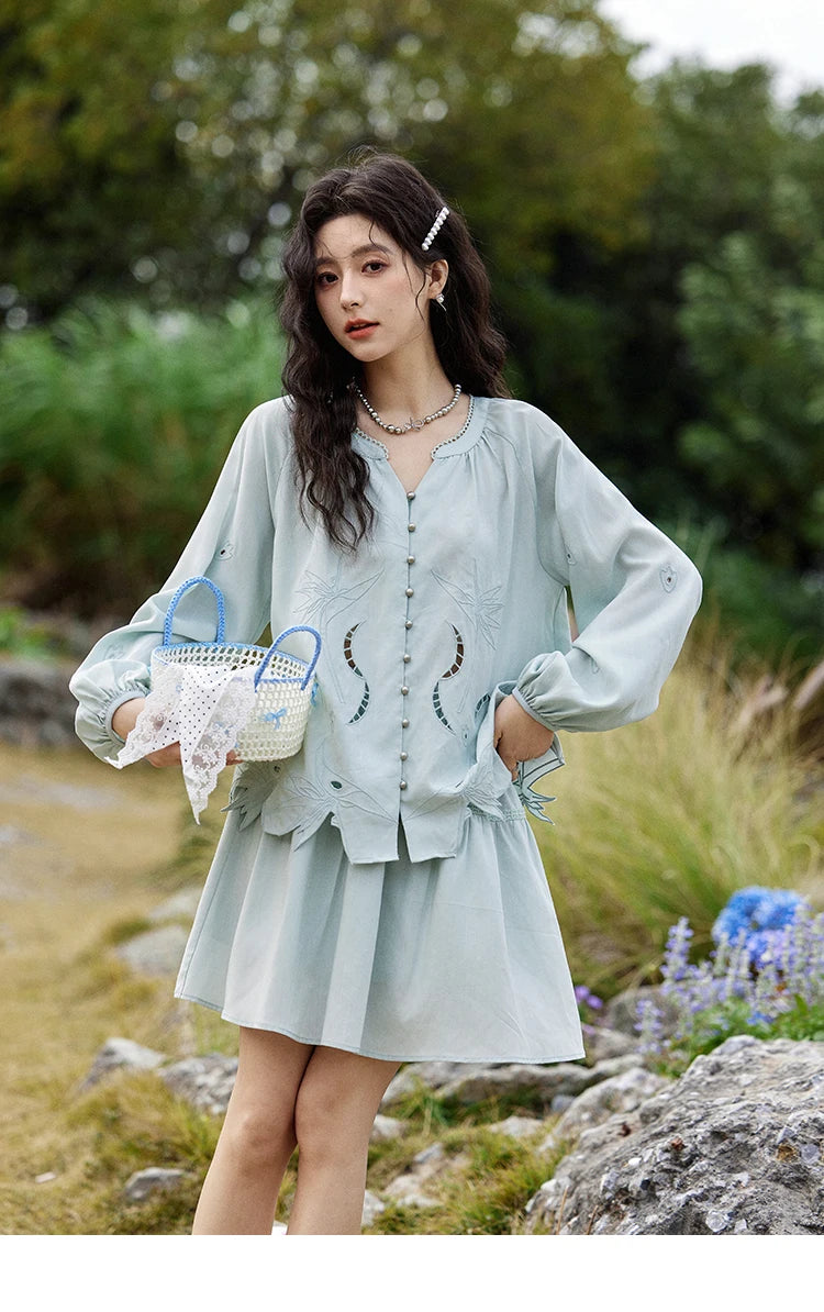 Mishow Vintage Hollow Embroidery Blouse & Solid A-Line Skirt Set MXE12T0455