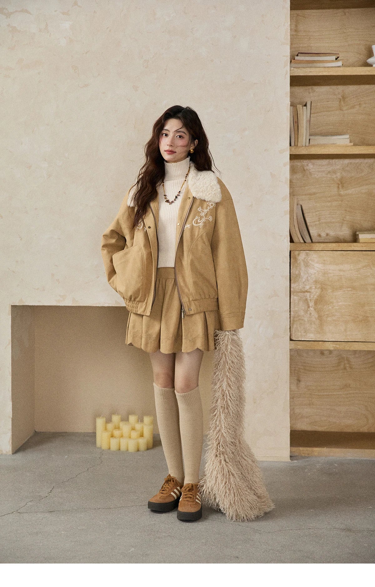 Mishow French Yellow Floral Embroidered Plush Zip-Up Coat MXE87W0932