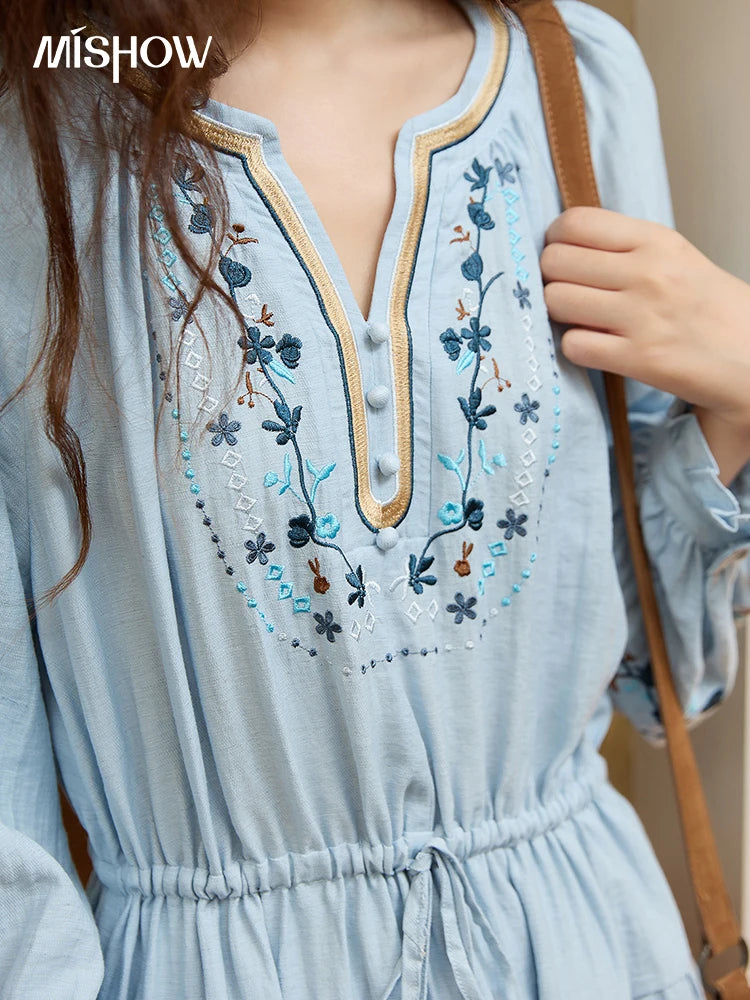 Mishow V-Neck Embroidered Drawstring Bohemian Dress MXE44L2489
