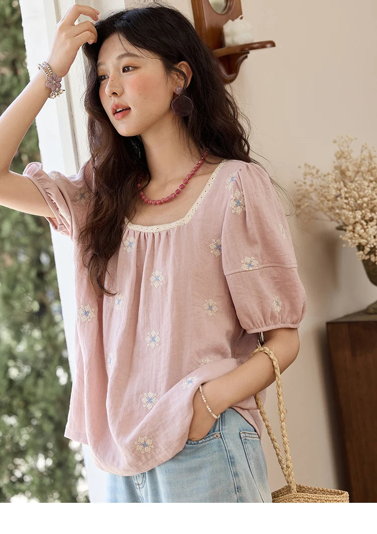 MISHOW Pink Embroidered Linen Blouse Square Collar Lace Patchwork MXE35X1834
