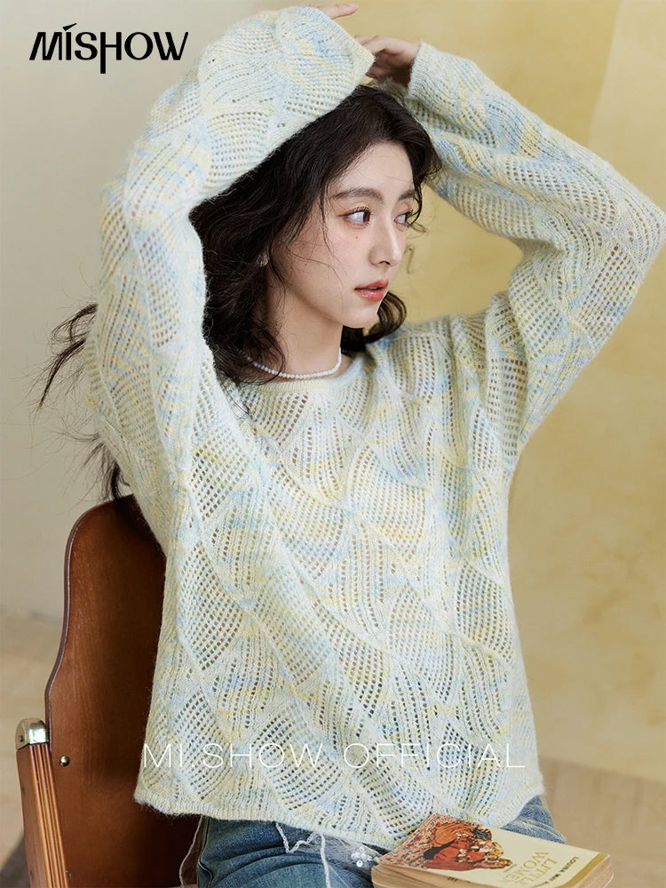 Mishow Hollow Dropped Shoulder Hem Wavy Edge Sweater MXE14Z1208